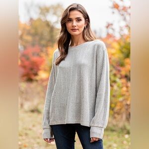 Lush Ribbed Knit Striped Long Sleeve Top Cream Gray L